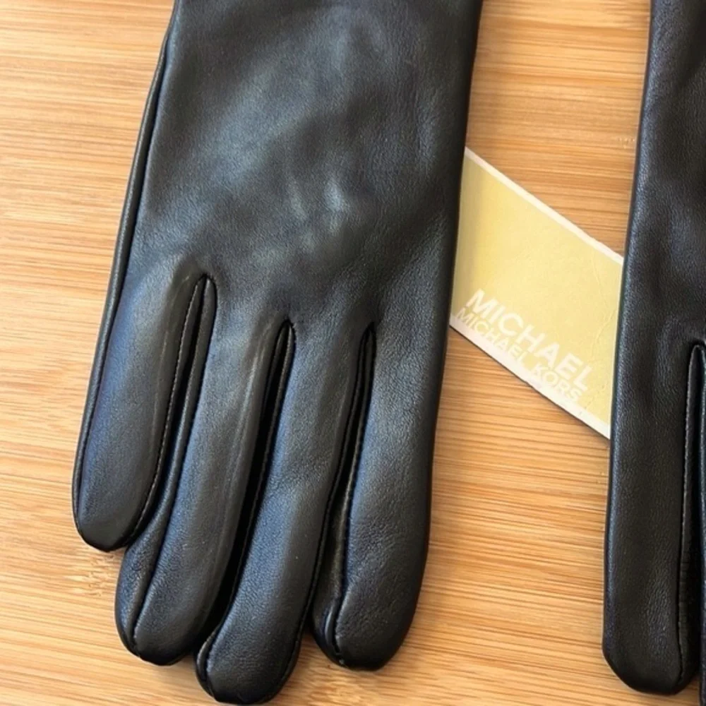 Brand New Michael Kors Black Genuine Leather Gloves w/ Gold Tone Logo Accent